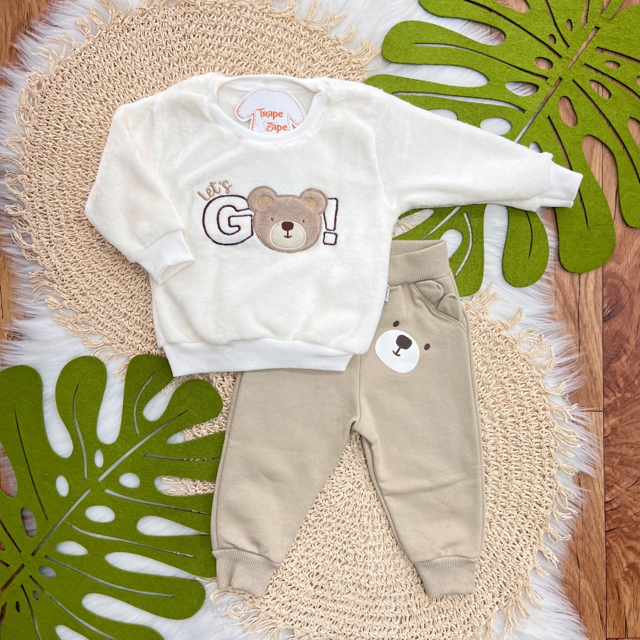 Conj. Casaco de Pelinho Let's Go e Calça de Moletom Ursinho - Off White